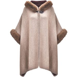 Vrouwen Winter Hooded Poncho Cape Faux Fur Warm Vest Trui Mantel, Beige, one size
