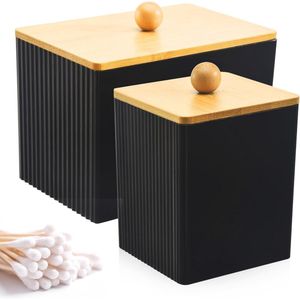 Wattenschijfdispenser met Bamboedeksel - Multifunctionele Organizer voor Wattenstaafjes, Wattenpads en Wattenballen - Zwart