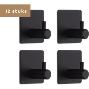 Handdoekhaakjes zelfklevend – Ophanghaken – Wandhaken – Haken zelfklevend – Zonder boren – Set van 12 – Zwart – RVS – Baulk®