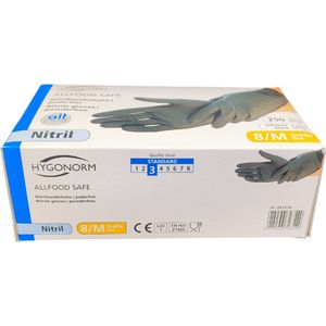 Hygonorm Nitril Handschoenen Maat M – Zwart – 250 Stuks – Poedervrij – Allfood Safe – Wegwerphandschoenen voor Voedselverwerking en Hygiëne