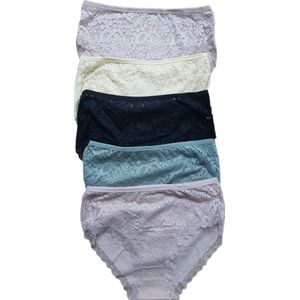 Dames - Ondergoed - Slips - 95% Katoen - 5 Stuks - Met Kant - Normale Taille - Kleur - Champagne, Champagne, Champagne, Champagne, Grijs - Maat 48/4XL