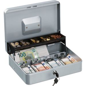 Relaxdays geldkistje met slot - metaal - geldkluis - geldcassette - 2 sleutels - vakken - zilver
