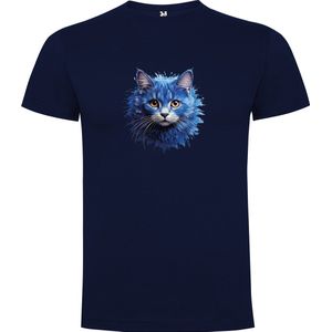 Donker Blauw T-Shirt met “Kleurrijke Kitten / jonge poes“ Print Full Color Maat S