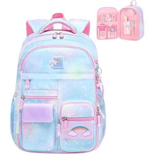 schooltas voor meisjes - rugzak voor school 41 x 30 x 16 cm voor 15.6 inch laptop - grote inhoud 20L 12 vakken - van verdikte Oxford-stof en scheurvast met S-vormige, verstelbare schouderriem en reflecterende strepen (unicorn blauw/roze)