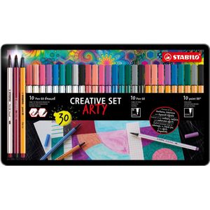 STABILO ARTY Creative Pen 68 brush + Pen 68 + point 88 - Metalen Etui Met 30 Stuks - 10x Pen 68 brush, 10x Pen 68, 10x point 88