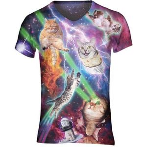 Gigantisch fout kattenshirt Maat S V - hals - Festival shirt - Superfout - Fout T-shirt - Feestkleding - Festival outfit - Foute kleding - Kattenshirt - Regenboogshirt - Kleding fout feest