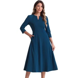 Dames Midi-Jurk met V-hals en Zakken in A-lijn Design, 3/4-mouwen, Voor Werk en Elegante Gelegenheden - Blauw, Groen, Maat S