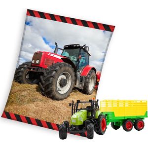 Rode Tractor Fleece deken- 130x170cm- Polyester- 525 gr.- grote warme deken - inclusief speelset met silagewagen