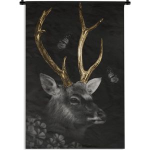 Wandkleed - Wanddoek - Hert - Vlinder - Gewei - Goud - 90x135 cm - Wandtapijt