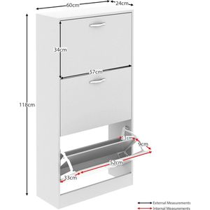 Schoenenkast met 3 laden, kast voor het opbergen van schoenen, organizer, uittrekbaar houten meubelstuk, wit