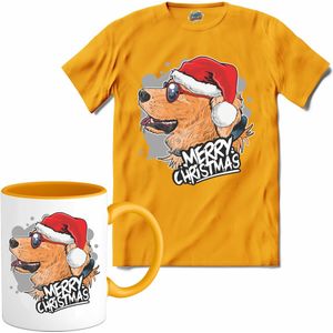 Merry christmas kerst labrador - T-Shirt met mok - Meisjes - Geel - Maat 12 jaar