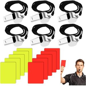 Allecto Plus - Scheidsrechterkaarten Voetbalset + Fluitje - 6 Roestvrij Stalen Sportfluitjes - Sleutelband - 12 Gele Rode Kaarten - Trainer