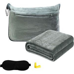 2 in 1 Ultralight Travel Blanket with Sleep Mask, Earbuds, and Pillow - Dark Grey