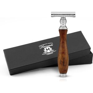Haryali London Classic Double Edge (DE) veiligheidsscheermes verchroomd met gesloten kam voor heren en dames, Inclusief 5 Mesjes (houten)
