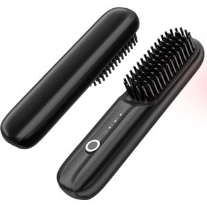 Draadloze Haarborstel - Zwart - Mini-kam met Negatieve Ionen - Oplaadbaar via USB - 3 Temperatuurstanden