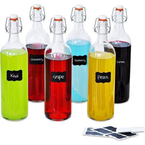 Creative Home 6 x Glazen Flessen Set | 6 x 1L | Luchtdicht Clip-Top Deksel | Met 8 Stickers en 1 Krijt