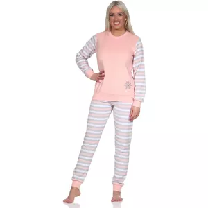 Normann Damespyjama van badstof met boorden in sterlook, ook in grote maten, Donkerblauw, 36/38