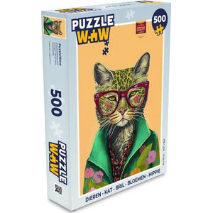 Puzzel Dieren - Kat - Bril - Bloemen - Hippie - Legpuzzel - Puzzel 500 stukjes