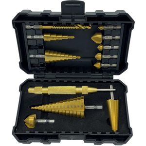 12-delige HSS titanium metrische trap-, verzink- en conusboren met 1/4"" zeskantschacht, multi-boorzaag en automatische centerponsset in opbergkoffer