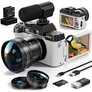 Digitale Camera – Fotocamera – Vlogcamera – 4K Camera – Compact Camera – 48MP Resolutie – 16x Zoom – WiFi & App Bediening – Anti-Shake Stabilisatie – Duale Batterijen – 32GB Geheugen – Wit