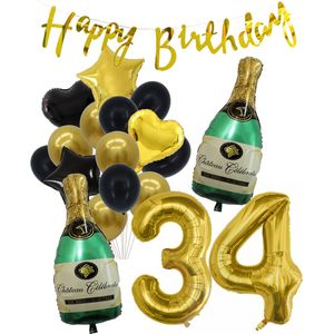 34 Jaar Verjaardag Cijferballon 34 - Feestpakket Snoes Ballonnen Pop The Bottles - Zwart Goud Groen Versiering