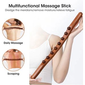 Massage - massage apparaat - voor rug, nek, schouder, buik, taille, armen, benen, etc. - massage stok hout - gua sha massage tool - houten massage stok - 8 massage ballen - 1 stuk - bruin hout