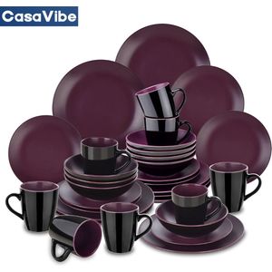 CasaVibe Serviesset – 32 delig – 8 persoons –Porselein - Luxe – Bordenset – Dinner platen – Dessertborden - Kommen - Mokken - Set - Paars - Zwart