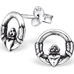 Joy|S - Zilveren Ierse Claddagh oorbellen - 8 x 9 mm - cirkel rond oorknoppen - geoxideerd