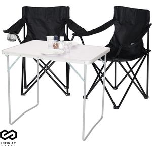 Infinity Goods Campingset - 2 Vouwstoelen met campingtafel - Zwart & Inklapbare Tuintafel - Tuin- en Kampeermeubilair met Draaghandvat - Buiten/Binnen