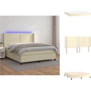 vidaXL Boxspring Bed - Crème Kunstleer - 203 x 163 x 118/128 cm - LED Verlichting - Pocketvering Matras - Huidvriendelijk Topmatras - Bed