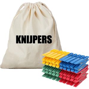 Canvas knijperzak/ opbergzakje knijpers wit/ offwhite met koord 25 x 30 cm en 100 plastic wasknijpers - Knijperzak met knijpers