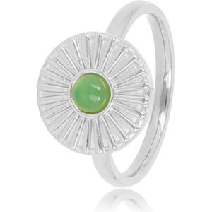 My Bendel - Ring zilverkleurig zonnetje met Green Agate - Vrolijke zilverkleurige edelstalen ring met een zonnetje en Green Agate edelsteen - Met luxe cadeauverpakking