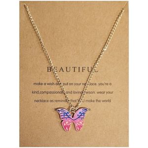 Fako Bijoux® - Doe Een Wens - Vlinder Ketting - Make A Wish - Beautiful - Blauw/Roze - Ketting Inclusief Kaart Met Tekst - Goudkleurig