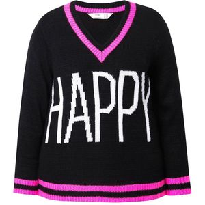 Angel of Style Angel of Style - Dames - Trui straight fit HAPPY-opschrift lange mouw - Zwart - Maat 42+