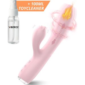 Viberoz Rozey – Vibrator – Sex Toys Voor Vrouwen - Clitoris en G-spot Stimulator – Rabbit Vibrators - 9 Trilfuncties - 9 Stootfuncties – Warmte Functie - Huidvriendelijke Siliconen - Toycleaner – Tarzan – Dildo - Roze