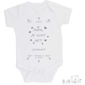 100% katoenen Romper ""Arm - Hoofd - Arm - Papa, je kunt het! - Been - Openen & Sluiten - Been"" Unisex Katoen Wit/grijs Maat 68/74
