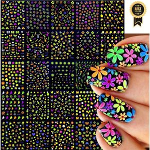 GUAPÀ® Nagelstickers | Bloemen stickers | Glow In The Dark Nagelstickers | 24 vellen Diverse Nagel Stickers | Nail Art | Nagel stickers | nagelversiering | zelfklevende nagelstickers | 1000 pcs 3D Bloemen Nagelstickers Diverse Patronen