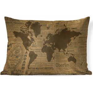 Sierkussens - Kussen - Bruine wereldkaart voor achtergrond van krantenpapier - 60x40 cm - Kussen van katoen