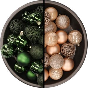 Kerstballen - 74x stuks - donkergroen en lichtbruin - 6 cm - kunststof