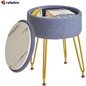 Retadou - Teddy fluwelen opslag voetensteun kruk Ottoman, make-up ijdelheid kruk bijzettafel met afneembare afdekking, gouden stalen poten, salontafel top cover, grijs blauw