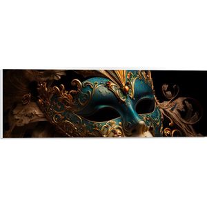 PVC Schuimplaat- Venetiaanse carnavals Masker met Blauwe en Gouden Details tegen Zwarte Achtergrond - 60x20 cm Foto op PVC Schuimplaat