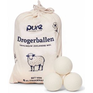 Pure Laundry Club Drogerballen - Set van 6 XL Wasdrogerballen - 100% Nieuw-Zeelandse Wol - Handgemaakt in Nepal - Inclusief Katoenen Opbergzak