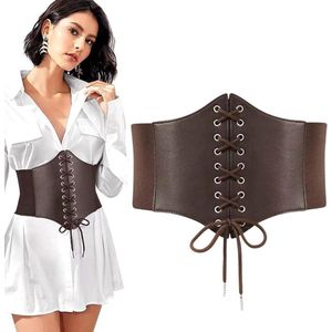 Allecto plus - Elastisch korset van retro leder met veters - Dames taille riem - Vintage leren korset met vetersluiting