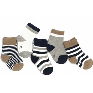 5 paar Kindersokken 0-1 jaar | Gestreept Zwart Grijs Bruin Wit