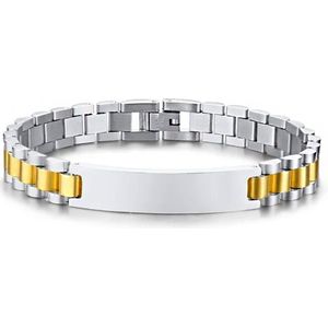 Herdenk geschenk armband Silver/Goud kleur RVS brede schakels met glanzende gravering naamplaat. Mail / App voor gravure wensen