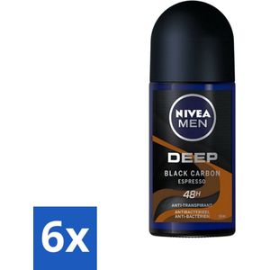 6 x Nivea - Men - Deodorant - Roller - Deep Black Carbon Espresso - 50 ml - NIVEA MEN Deodorant - Anti-transpirant - 48 Uur Bescherming - Espresso Geur - Actieve Kool