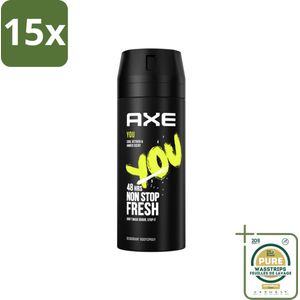 15 x Axe Deodorant Bodyspray You 150 ml - Grootverpakking - Deodorant - Bodyspray - Geur - 48 Uur Bescherming - Amber