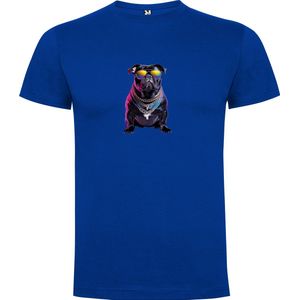 Kobalt Blauw T-Shirt met “Kleurrijke Bulldog met Zonnebril en ketting “ Print Full Color Maat S