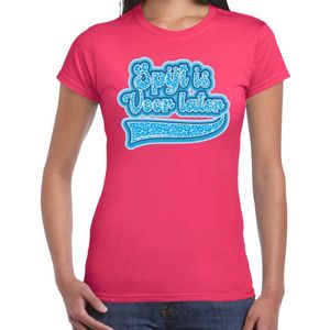 Bellatio Decorations Verkleed T-shirt dames - spijt is voor later - roze/blauw - themafeest fout/goud/stout L