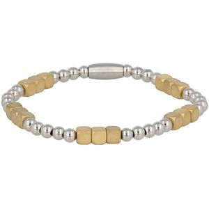 Edelstalen elastische armband -zilver-goud - Leuke armband waarbij de zilveren balletjes gecombineerd zijn met goud matte edelstalen cubes - Met luxe cadeauverpakking